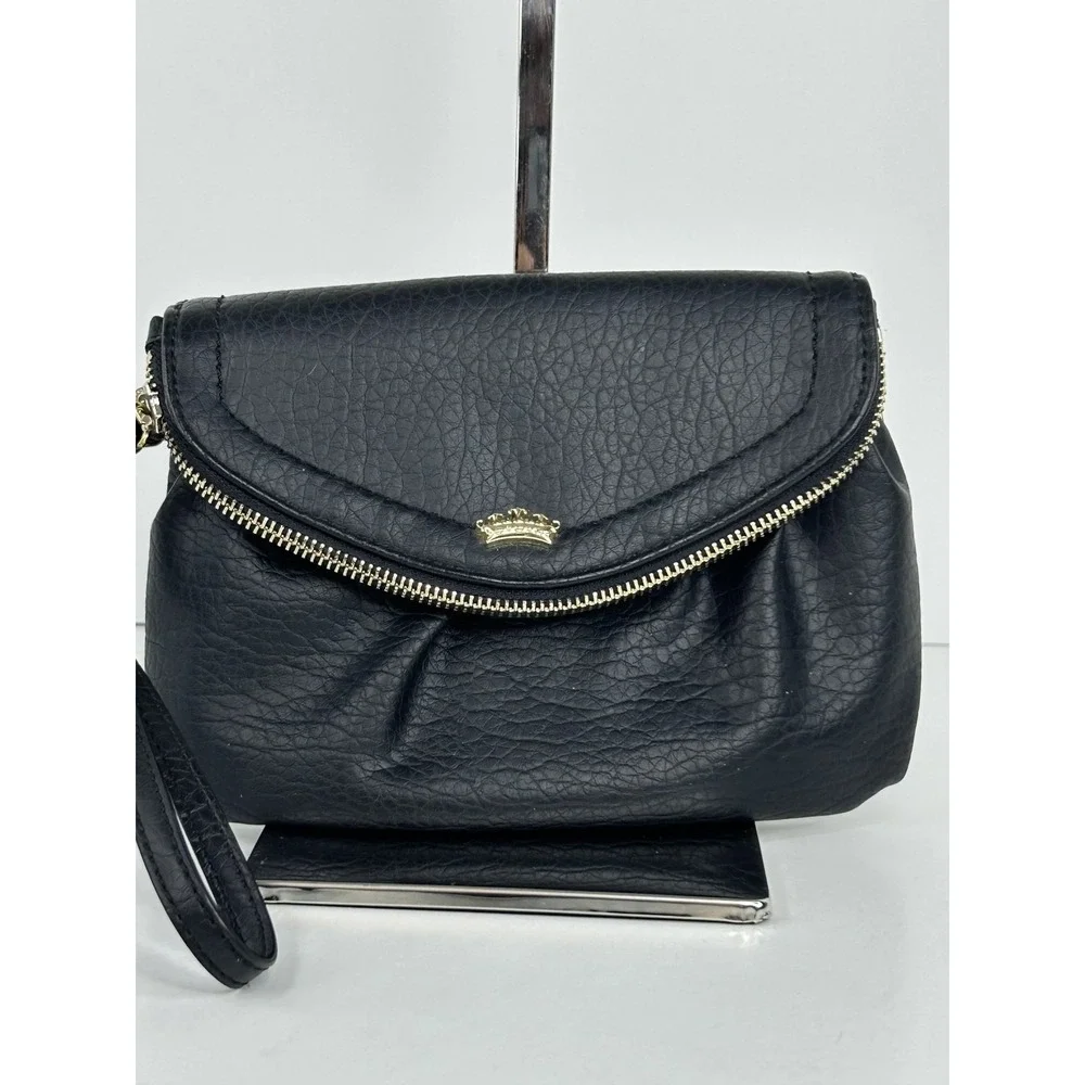 Juicy Couture Black Crown Logo SM Wristlet Clutch Purse Pink Zip Pockets Galore‎
